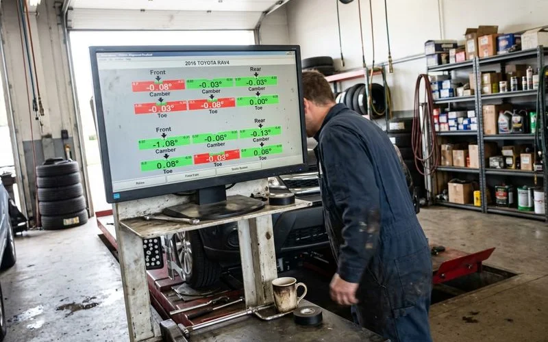 Alignment readout screen showing camber and toe, everyday shop