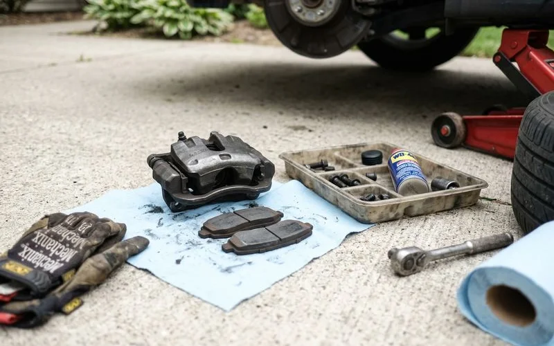 Brake caliper and pads laid out during a repair, natural light