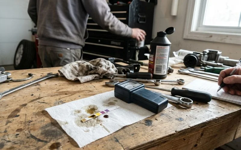Brake fluid test strip and gauge on a bench, everyday setting