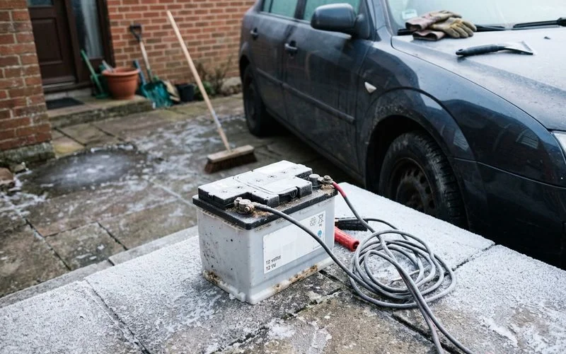 Car battery on a frosty morning, everyday setting