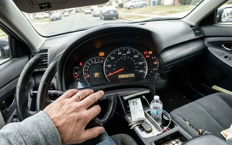 Check engine light illuminated on a dashboard, everyday car interior