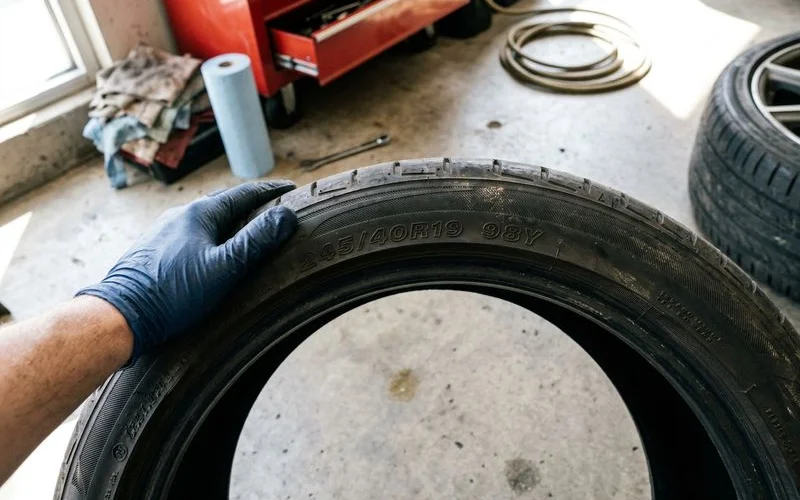 Close-up of a tire sidewall size code, everyday shop setting