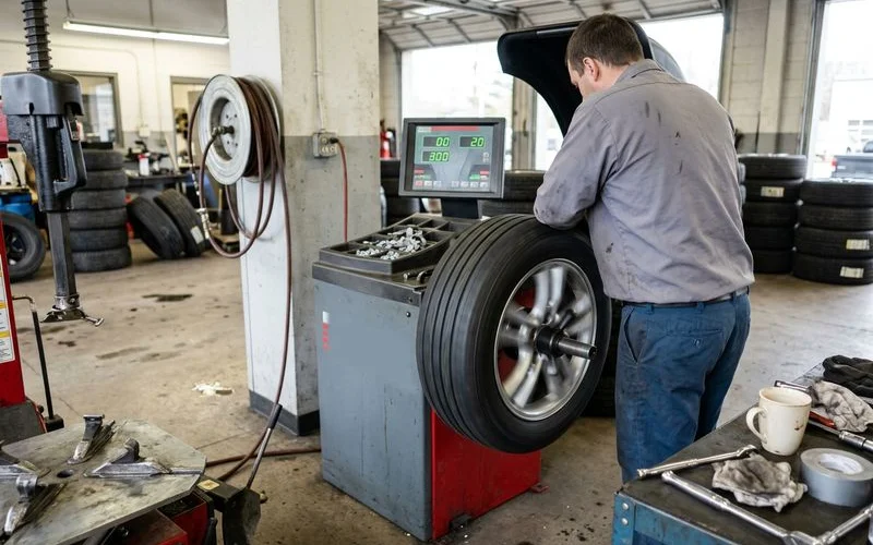 Computerized wheel balancer spinning a wheel, everyday shop