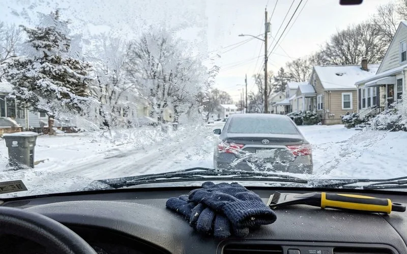Frosty car windshield on a cold New Britain morning, everyday setting