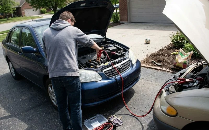Jumper cables on a car battery, everyday driveway setting