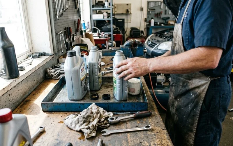 Motor oil bottles and a new filter on a shop bench, natural light
