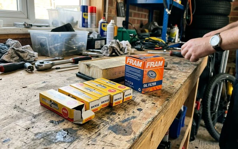 New filters and spark plugs laid out for a service, natural light