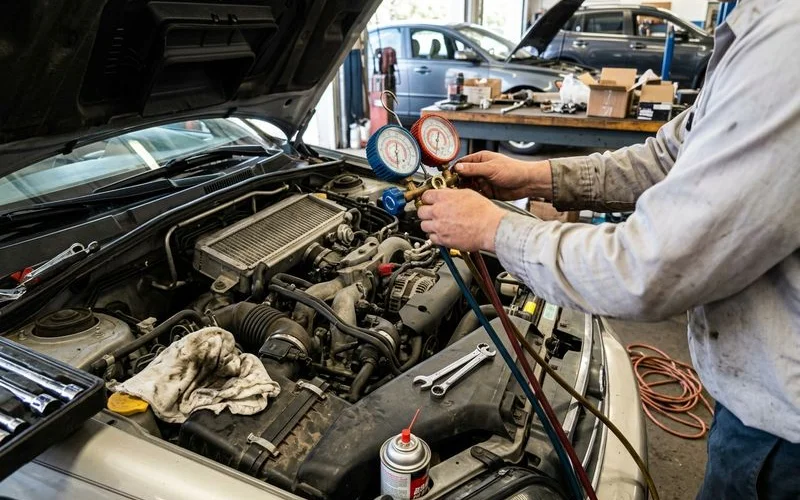 Refrigerant pressure gauges attached during a full A/C diagnostic check