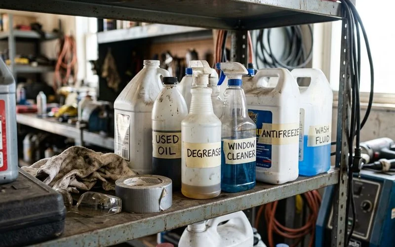Row of labeled fluid containers on a shop shelf, natural light