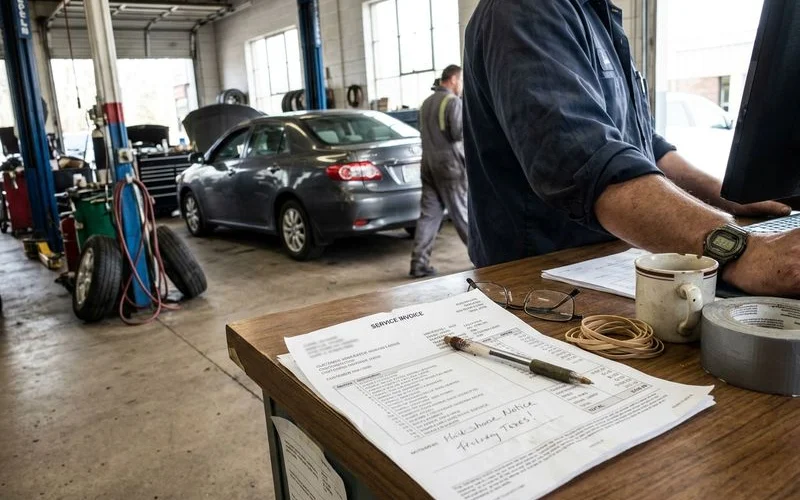 Service invoice with a car in the background, everyday shop