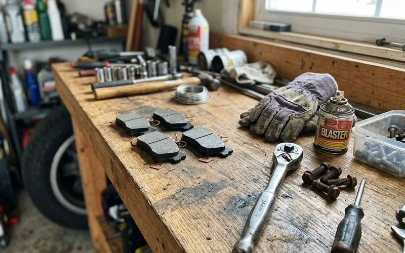 Set of new brake pads on a workbench, natural light