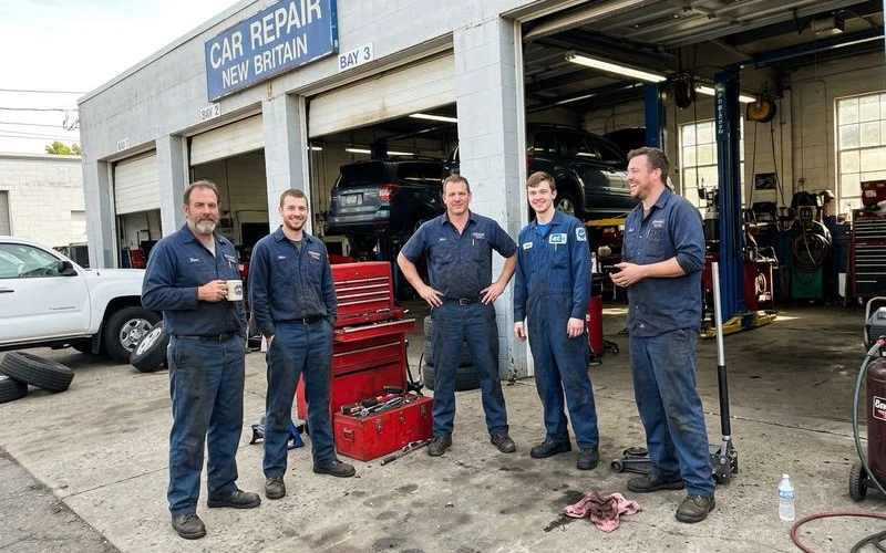 Our team of ASE-certified technicians in front of the shop bays