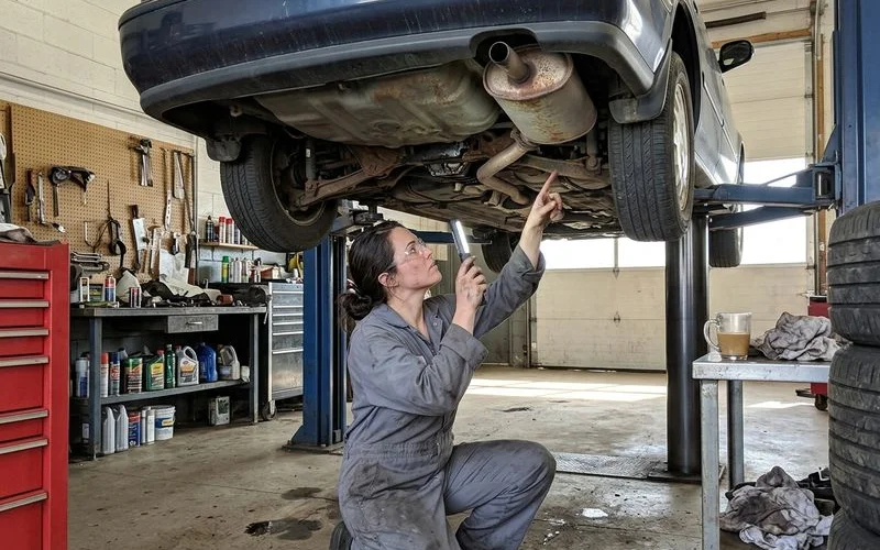 Technician checking the underside of a car for rust and leaks, natural light