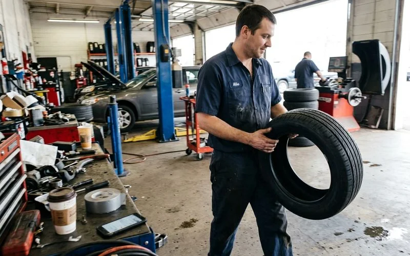 Technician holding a new tire, real New Britain shop