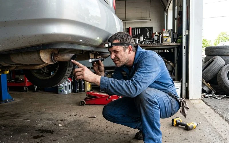 Technician inspecting an exhaust pipe for holes, natural light