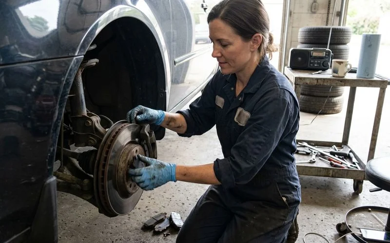 Technician installing brake pads into a caliper, natural light