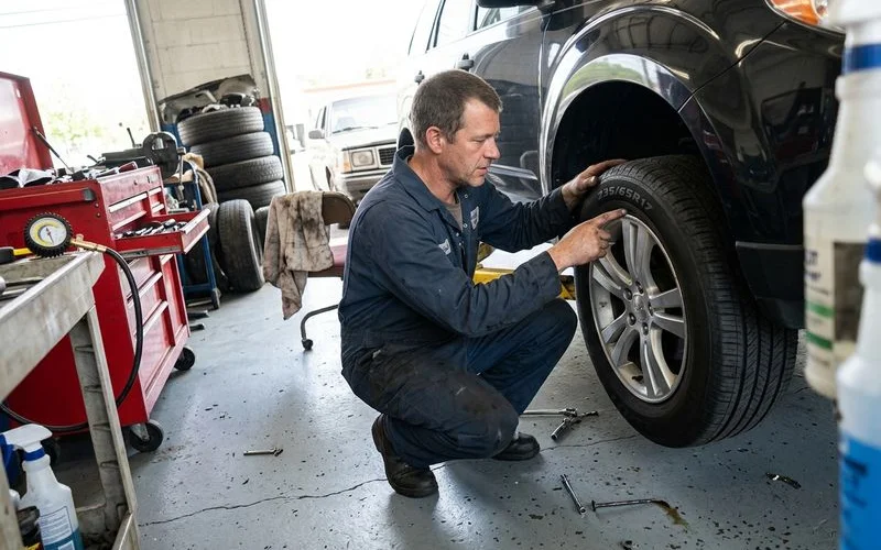 Technician pointing to a tire size code, real New Britain shop