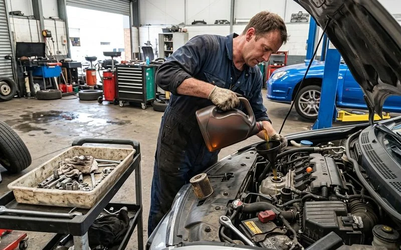 Technician pouring fresh oil into an engine, natural light
