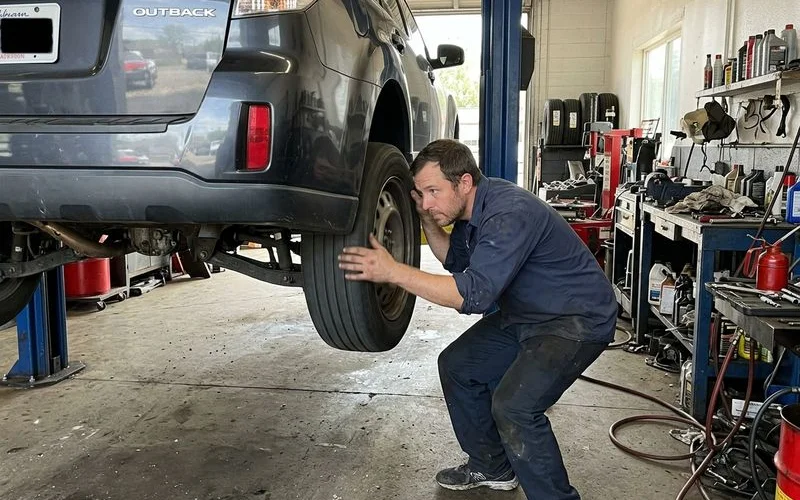 Technician spinning a wheel to listen for brake noise, everyday shop