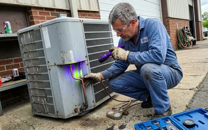 Technician tracing a refrigerant leak with UV dye and a black light