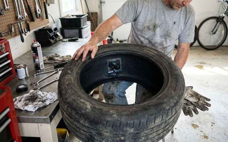 Tire repair patch applied from inside the tire, natural light