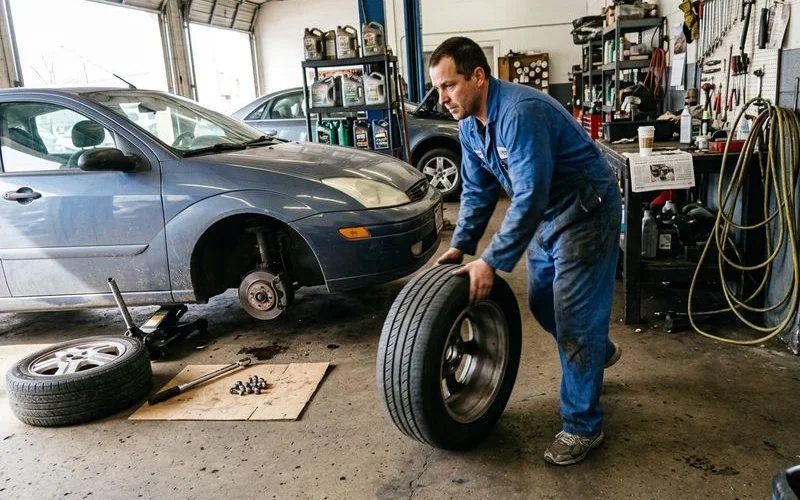 Tires being moved front-to-back during a rotation, everyday shop