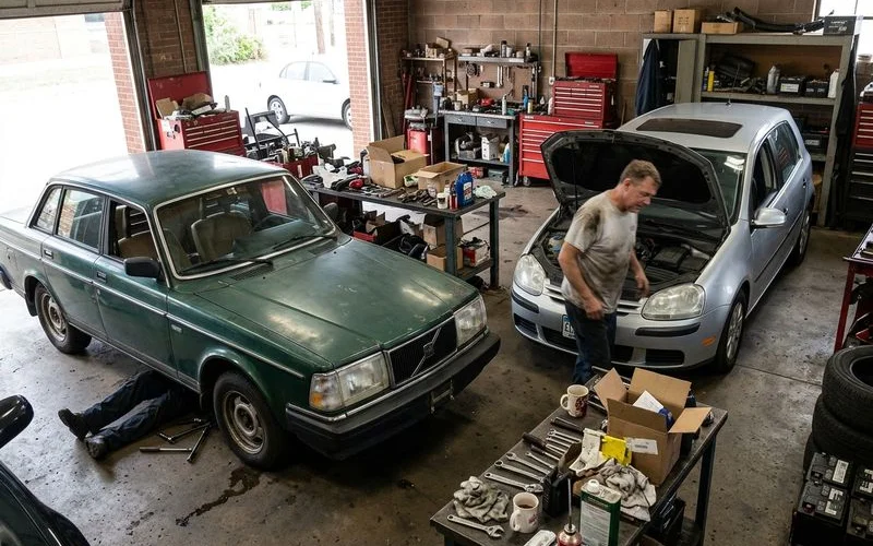 Vintage and modern cars side by side representing 30 years of continuous service