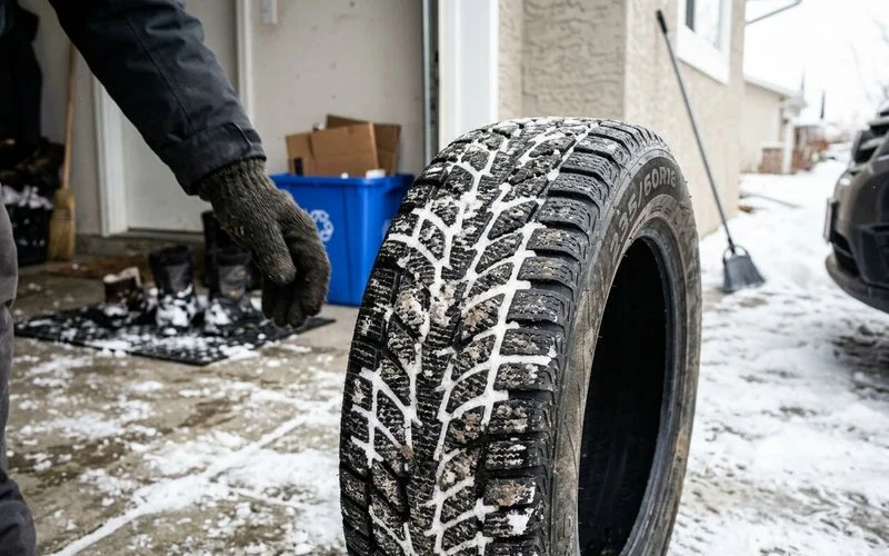 Winter tire tread close-up with snow, real environment