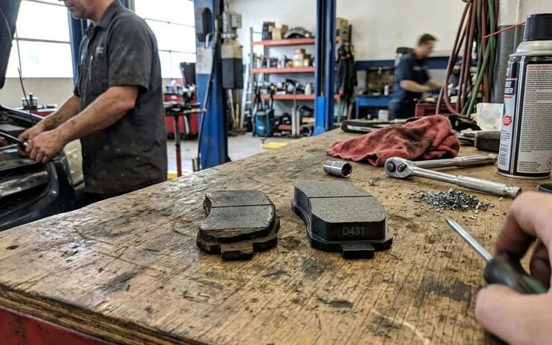 Worn brake pad next to a new one, everyday shop bench
