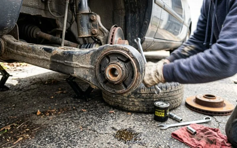 Worn control arm bushing close-up, natural light