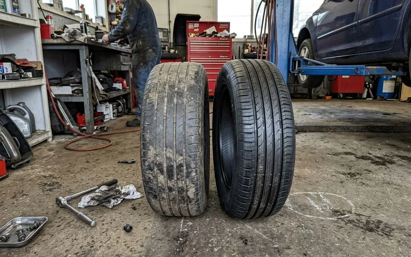 Worn tire next to a new tire, real shop floor