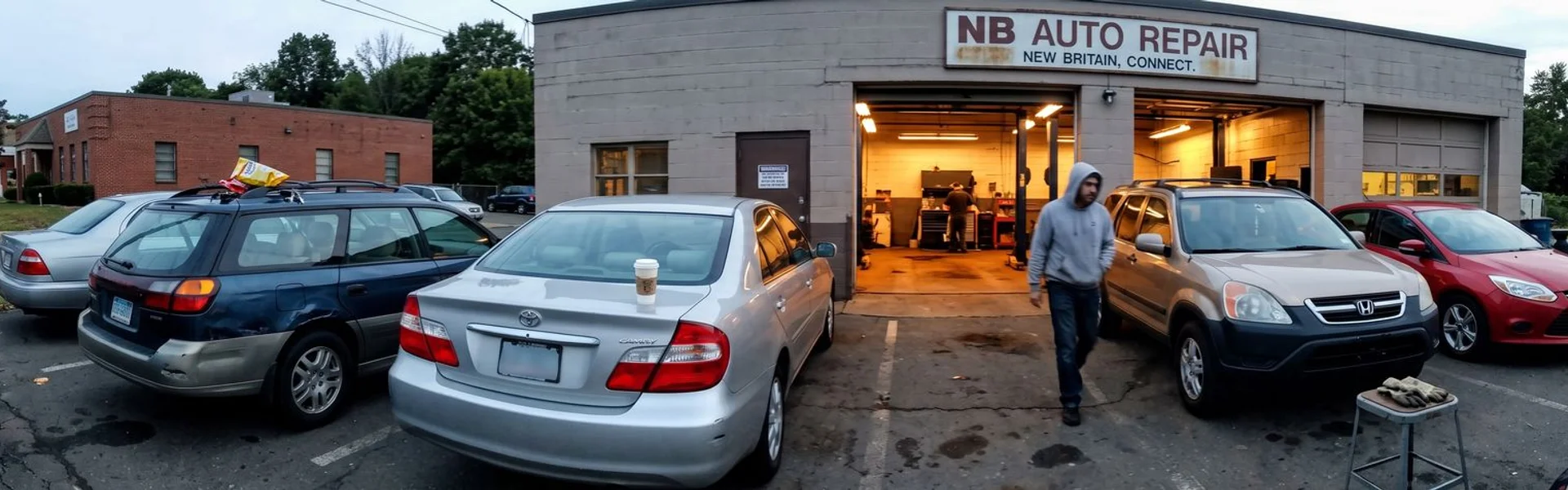 Row of everyday family cars parked outside our New Britain auto shop at dusk