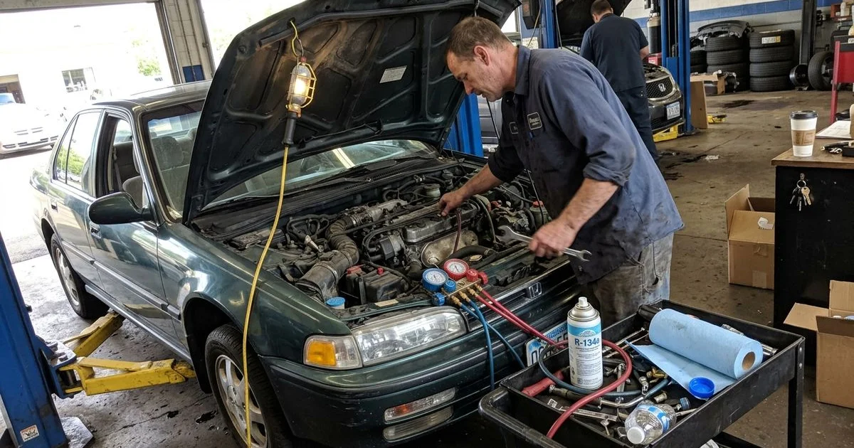 A/C recharge machine hooked to a car, New Britain shop, candid