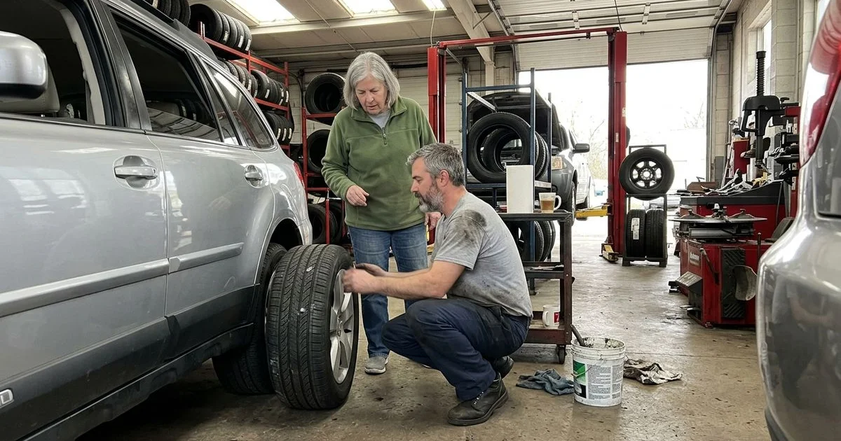 Technician finding a nail in a tire tread, New Britain shop, candid