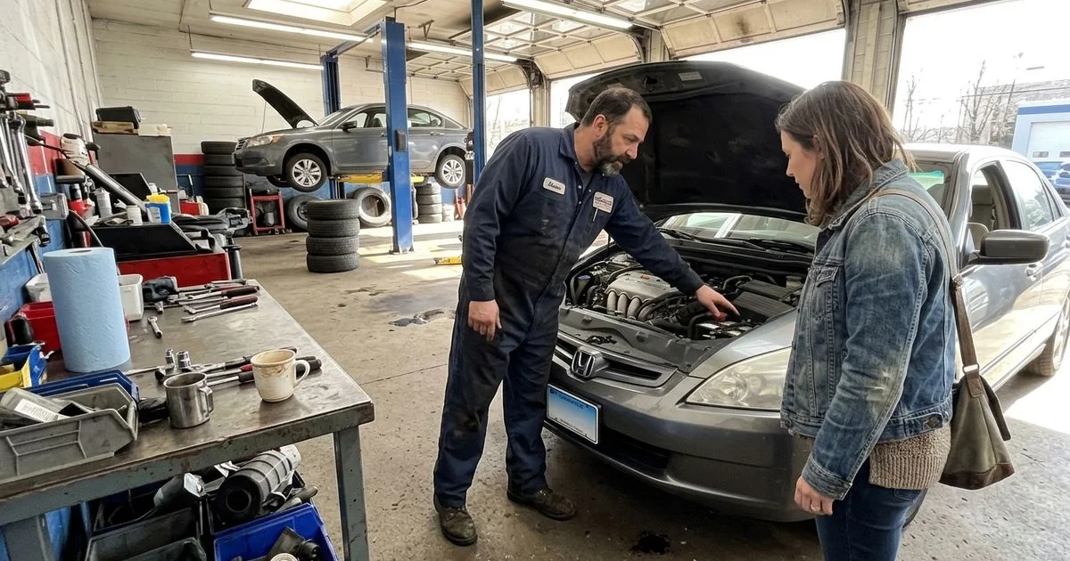 Technician checking a heater core hose under the hood, New Britain shop, candid cold light