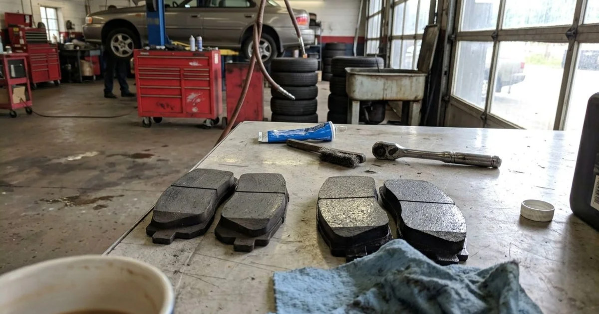 Two sets of brake pads side by side on a workbench, New Britain shop, candid