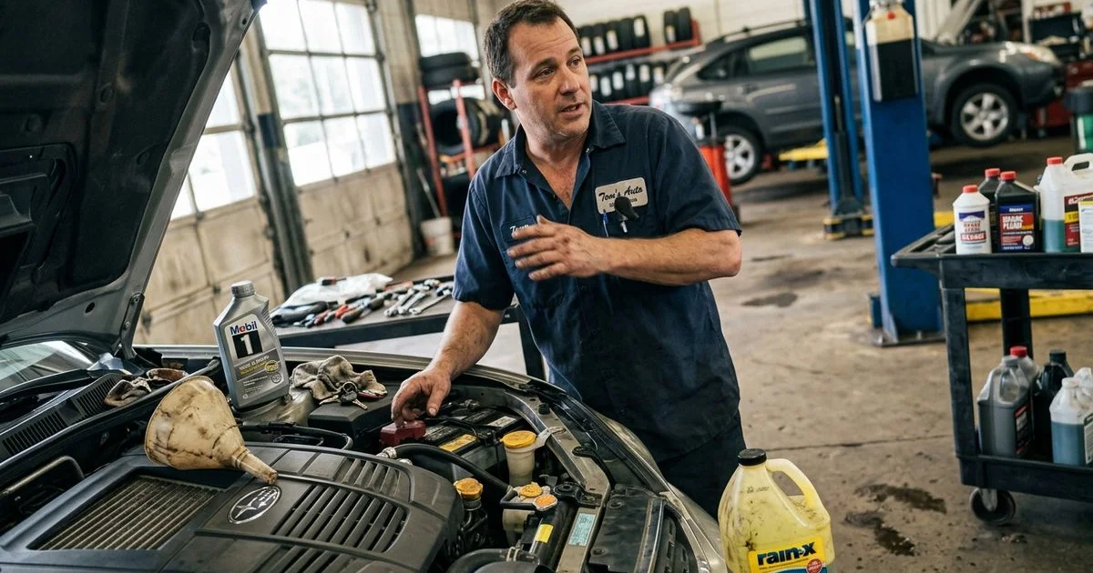 Technician checking coolant reservoir under the hood, New Britain shop, candid