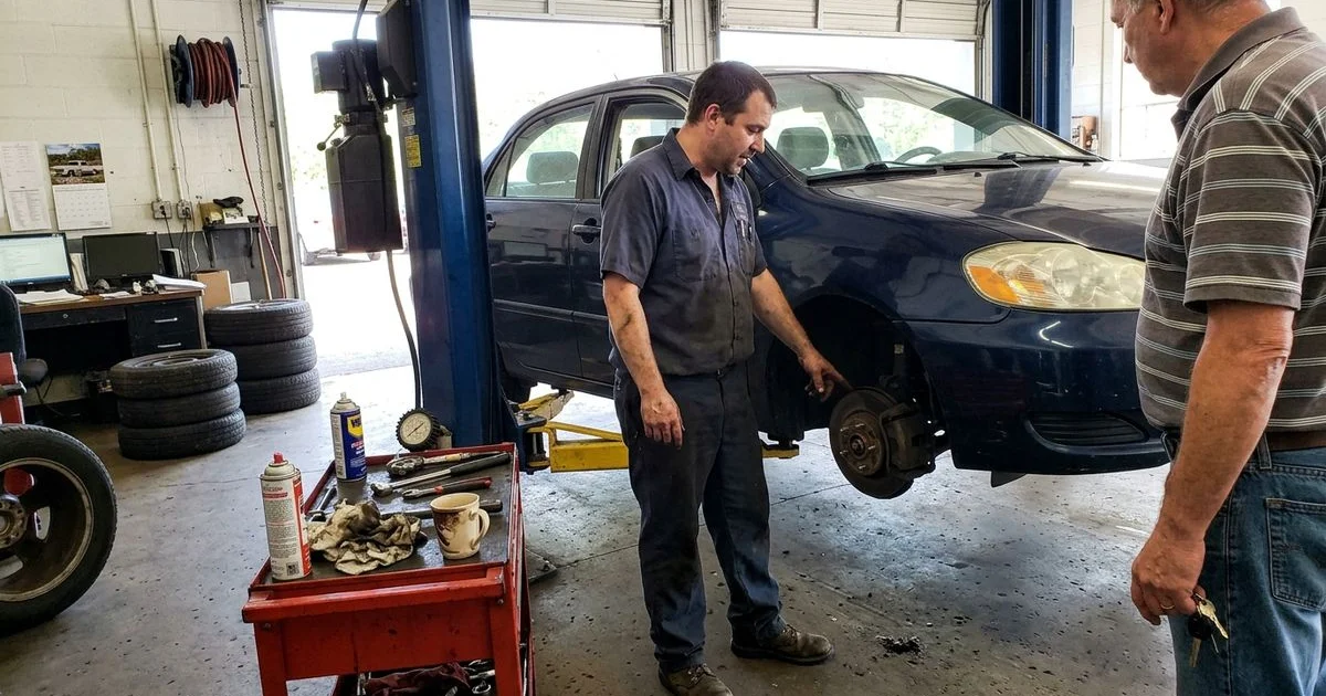 Technician measuring brake pad thickness with a gauge, New Britain shop, candid