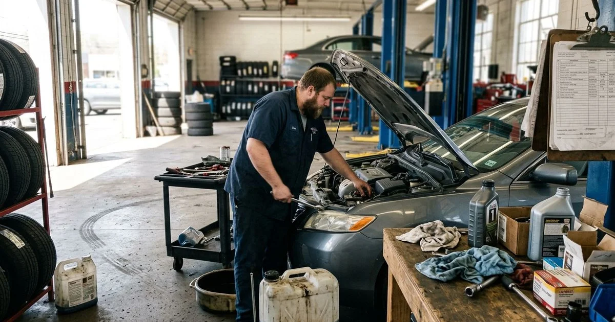 Technician draining oil under a car on a lift, New Britain shop, candid