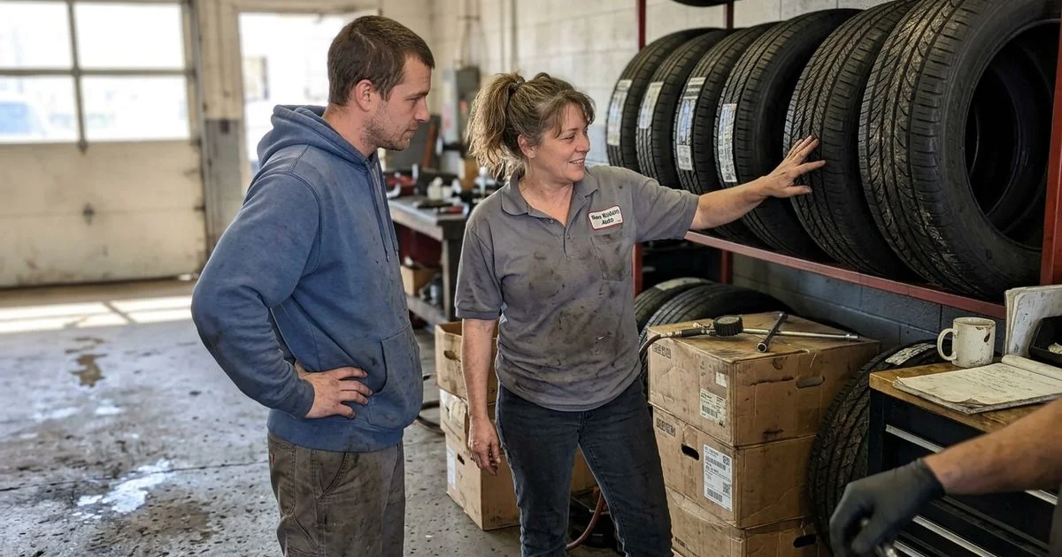 Customer and technician reviewing tire options on a rack, New Britain shop, candid
