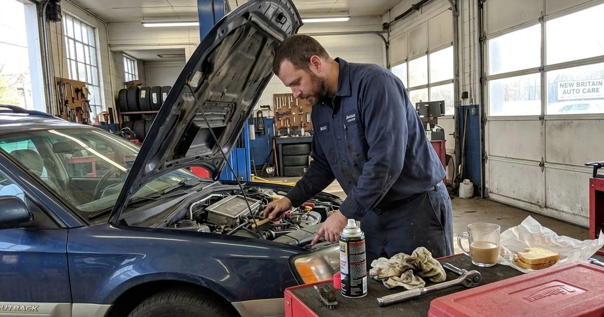 Technician cleaning corrosion off a battery terminal, New Britain shop, candid cold light