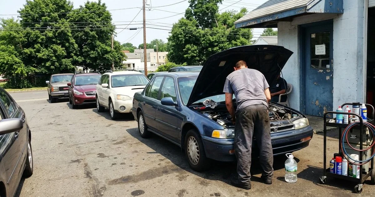 Cars queued at our New Britain shop for A/C service during a peak Connecticut summer