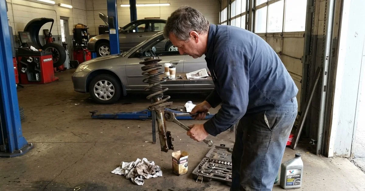 Technician inspecting a strut assembly under a car, New Britain shop, candid
