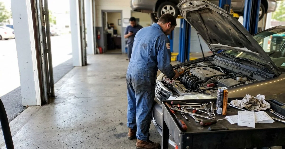 Technician testing alternator output with a multimeter, New Britain shop, candid
