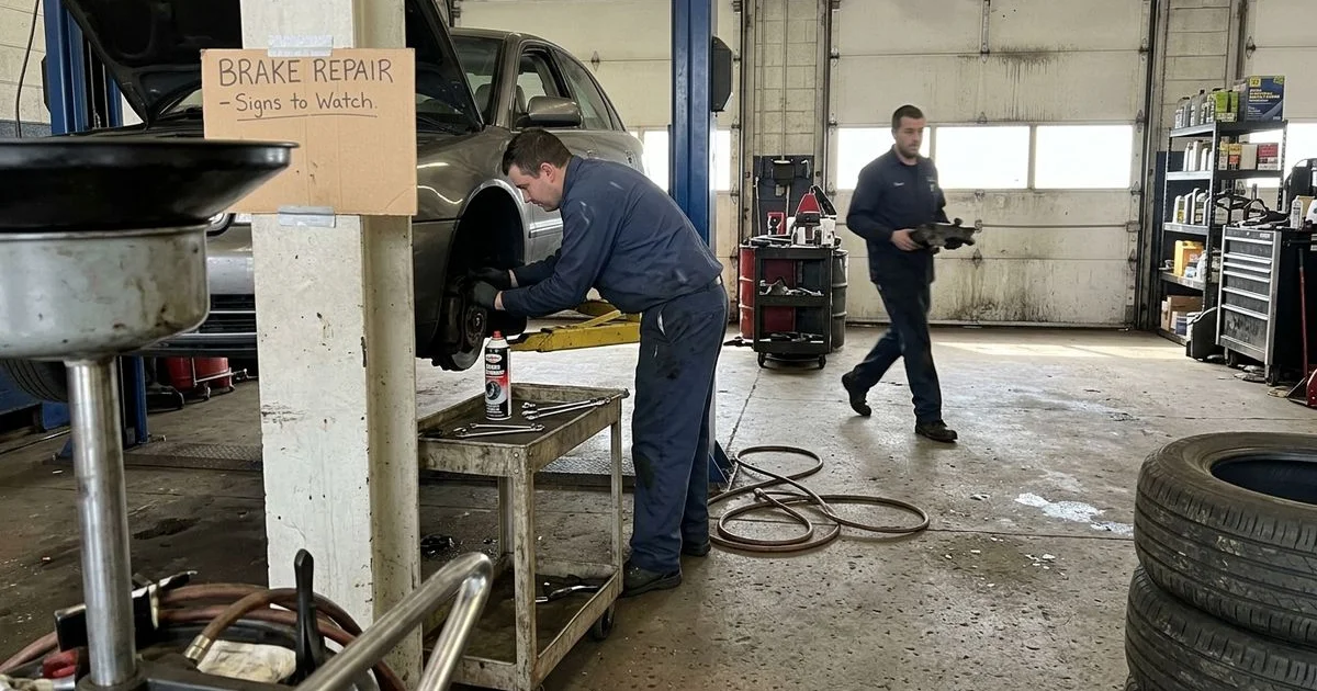Technician inspecting a brake rotor with the wheel off, New Britain shop, candid