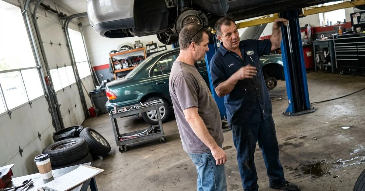 Technician checking a sway bar link and ball joint under a car, New Britain shop, candid
