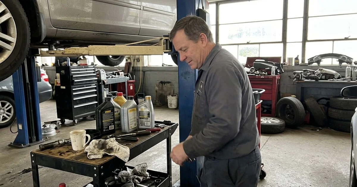 Three types of motor oil bottles on a shop counter, New Britain shop, candid