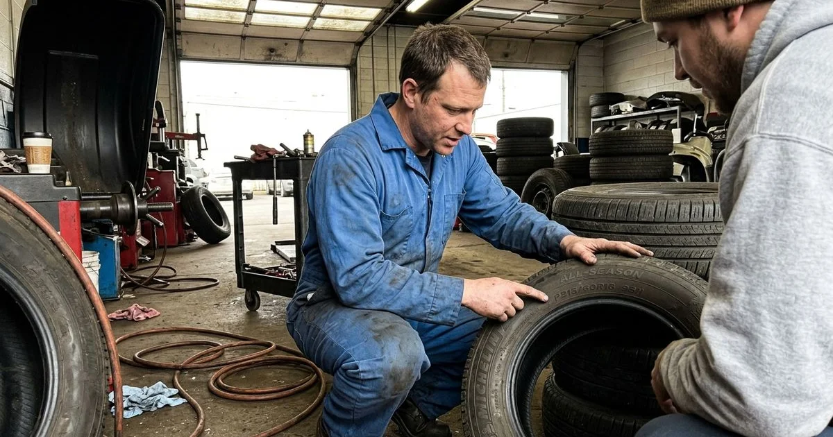 Close-up of tire sidewall markings under natural light, candid