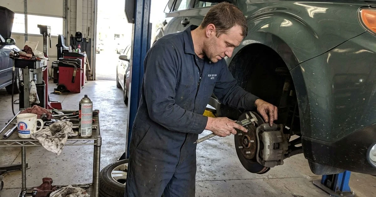 Technician inspecting a brake caliper with wheel removed, New Britain shop, candid