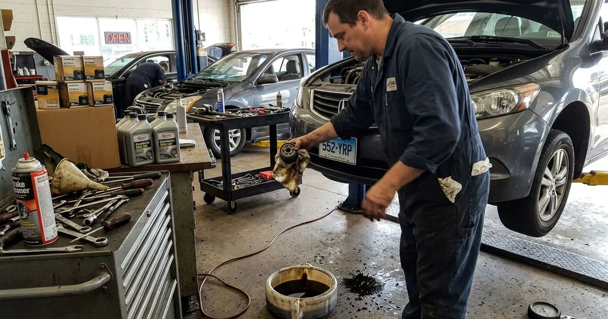 Technician doing an oil change and rotating tires, New Britain shop, candid